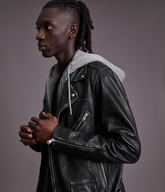 Charter black leather biker jacket for men - Image 3