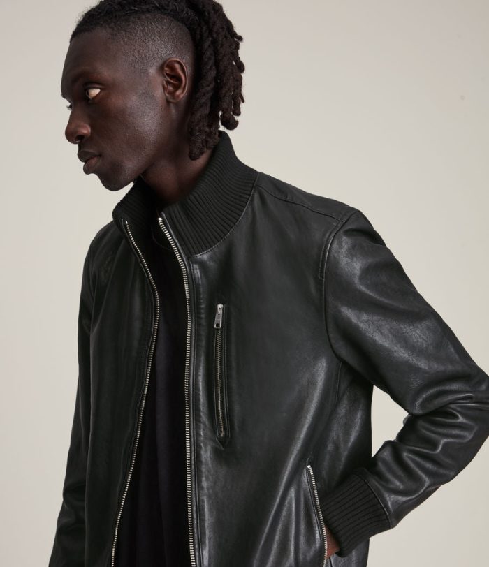 Bick black leather bomber jacket for men - Image 3