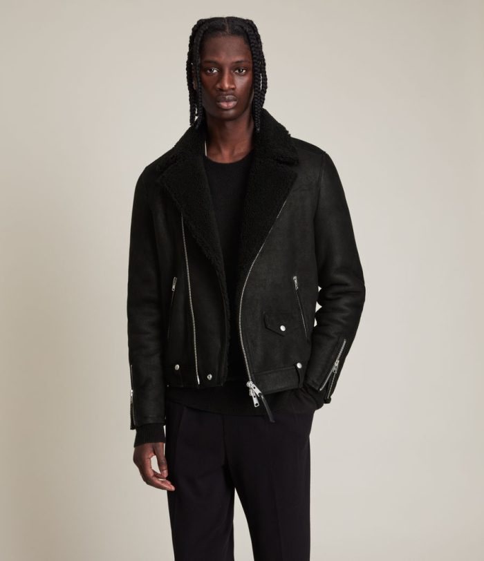 Miles shearling biker black jacket for men