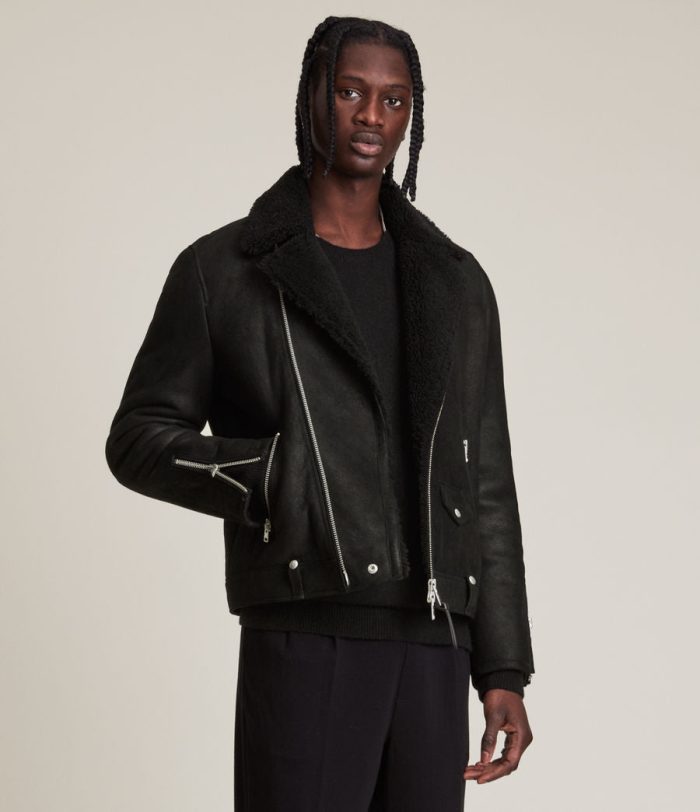 Miles shearling biker black jacket for men - Image 3