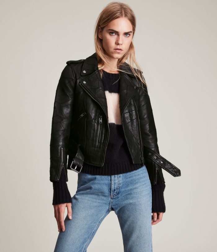 Balfern patch black leather biker jacket for women