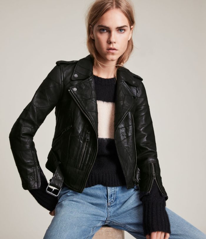 Balfern patch black leather biker jacket for women - Image 2