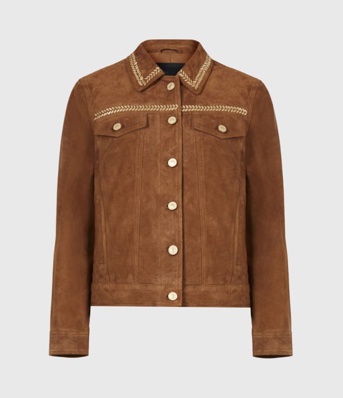 Delvy brown suede trucker jacket for women