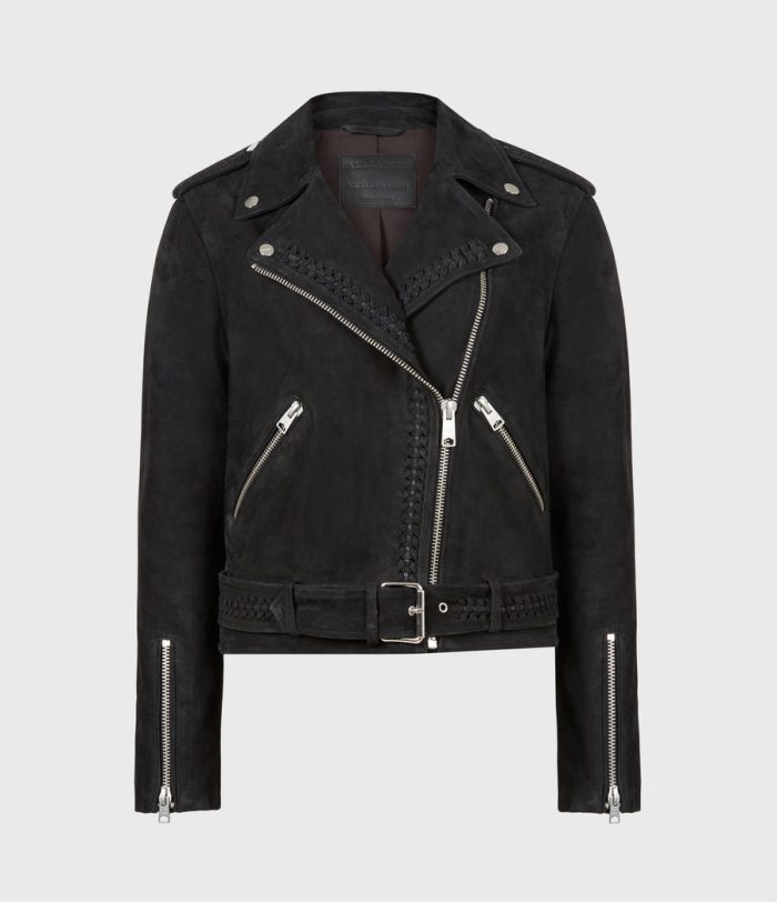 Braided black suede biker jacket for women